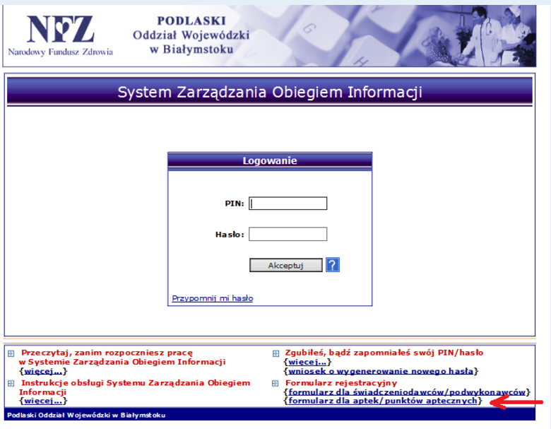 Zrzut ekranu - ekran logowania do systemu SZOI z zaznaczoną opcją "Formularz rejestracyjny dla aptek"
